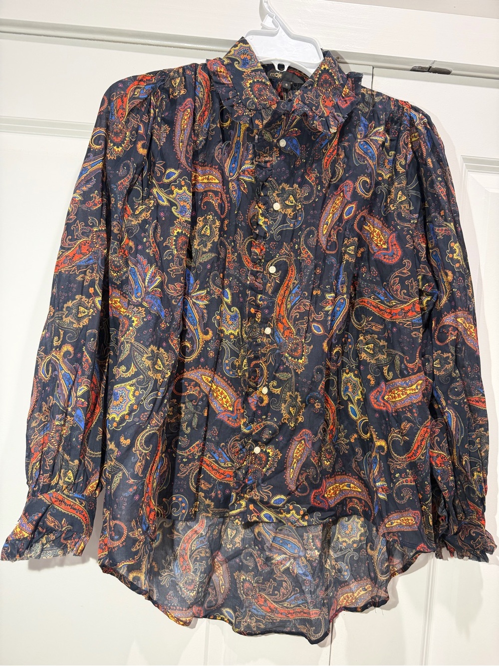 Maje Paisley-print Ruffled Cotton Shirt In Navy- Size 0 - Picture 8 of 14